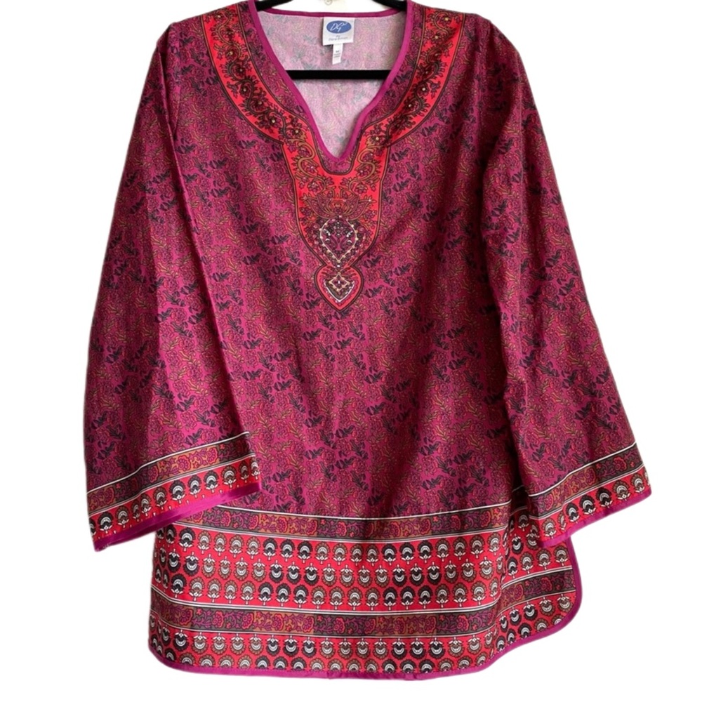 LAST CHANCE SALE!DG2 Diane Gilman Pink Magenta Embellished Boho Floral Tunic Top